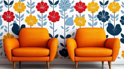 Two burnt orange armchairs sit in front of a wall with a floral pattern wallpaper. Red, yellow, and blue flowers are featured on the wallpaper. 