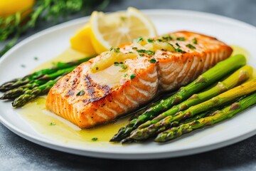 keto diet Grilled salmon fillet served with asparagus and lemon on a white plate.