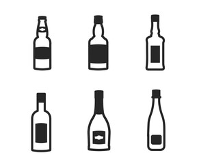  Set of black and white alcohol bottles. Vector stock illustration