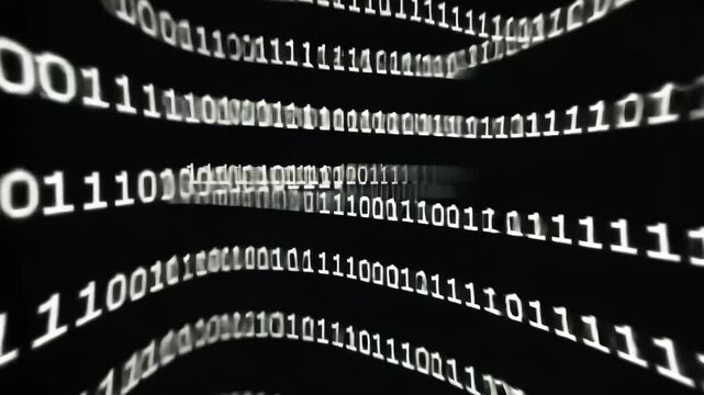 Rows of glowing binary code appear on a dark background, symbolizing digital data, encryption, cybersecurity, and artificial intelligence in a futuristic setting.