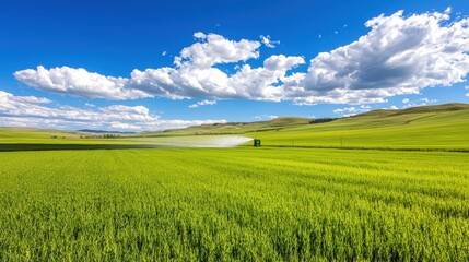 Obraz premium Lush Green Field Under Bright Blue Sky with Clouds and Tractor Spraying Crops