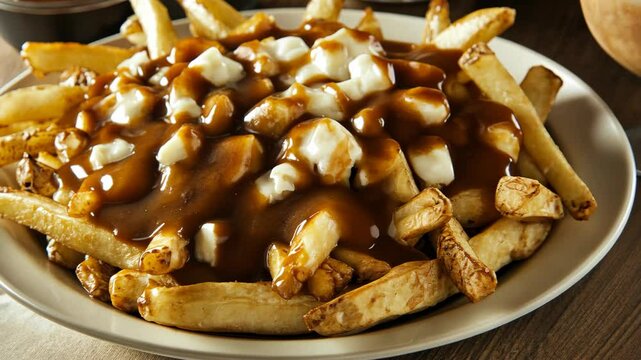 Delicious poutine dish with crispy fries, cheese curds, and savory gravy served in a cozy setting