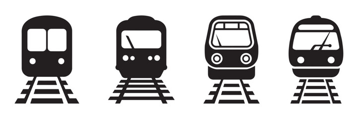 Front view of train icon on tracks vector illustration silhouette © MdMezbahul
