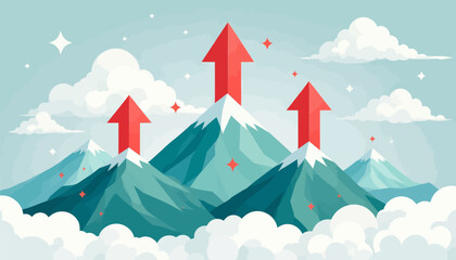 Mountain peaks with upward pointing red arrows
