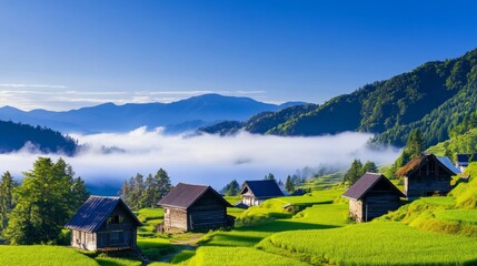 Serene rural landscape with wooden houses nestled in lush green fields under a clear blue sky