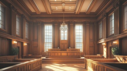 Inside the courtroom, tables, chairs, and lobby