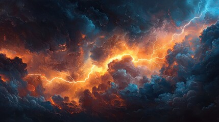 Fototapeta premium Dramatic lightning strikes amid dark storm clouds illuminated by vibrant orange and blue hues during a powerful thunderstorm