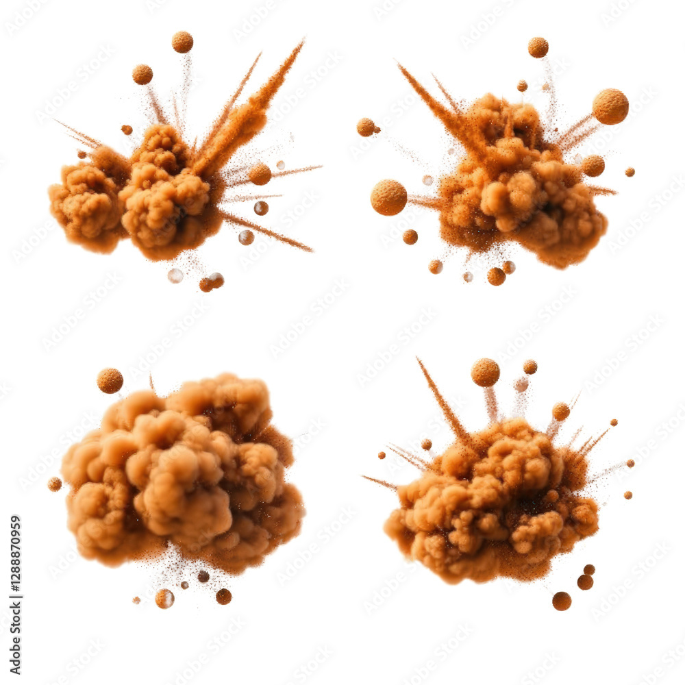 Poster four distinct explosions with varying colors and shapes against a black background isolated on trans