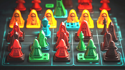 Colorful Abstract Board Game Pieces on Futuristic Board