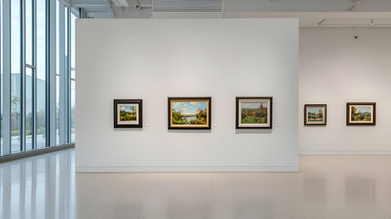 Modern Art Gallery Interior with Landscape Paintings