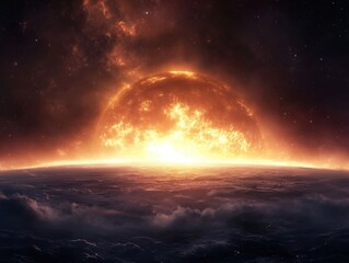A colossal, fiery sun eclipses the horizon of a turbulent, dark and moody planet