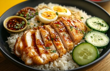 A Plate of Chicken Rice with Brown Sauce, Eggs, and Cucumber Slices