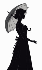 Silhouette of woman in vintage dress with umbrella and bow