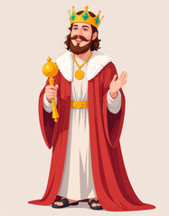 Smiling king with crown, scepter, red robes, beard