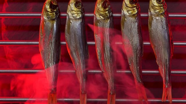 Hot smoked whole herrings on kitchen table. smoked fish isolated on a black background. Smoke