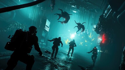 Fototapeta premium Soldiers navigate submerged, bioluminescent alien landscape.