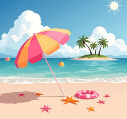 Tropical Beach Umbrella with Starfish and Lifebuoy
