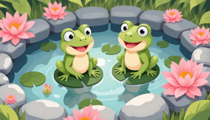 Fototapeta premium Two happy cartoon frogs in a lily pond with pink lotuses