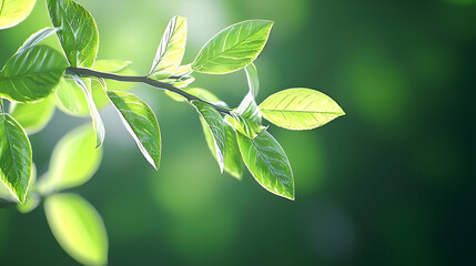 Vibrant Green Leaves on Branch in Sunlight