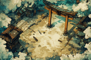 Isometric View Of A Wooden Gate And Buildings On A Textured Battle Map With Cloudy Sky And Artistic Detailing