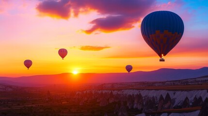 Naklejka premium Colorful hot air balloons soaring over a scenic landscape at sunset with vibrant clouds
