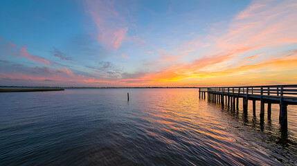Fototapeta premium Serene Sunset Over Calm Ocean With Wooden Pier