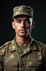Obraz premium Portrait of young man in military uniform with camouflage pattern. Soldier in cap looks at camera. Male with stubble serves in army. Memorial day, veteran concept.