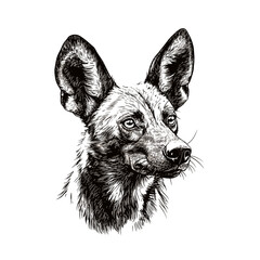 Old engraving style, hand-drawn African wild dog, animal art, trendy wildlife illustration, black sketch effect, vintage wall decor, white background.