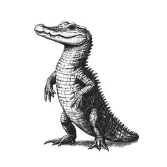 Antique art alligator illustration, hand-drawn predator sketch, black and white, vintage style wildlife print design, reptile vector art, engraving effect, nature illustration