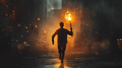 Silhouette runs through dark city, carrying burning torch.