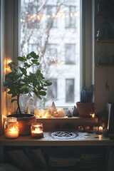 A modern Wiccan altar in a cozy apartment, featuring a pentagram, candles, crystals, and a small potted plant, with soft natural light coming through a window.