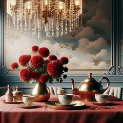 A simple tabletop
 scene in a photorealism style using 
glamorous, glowing chandelier
 lighting