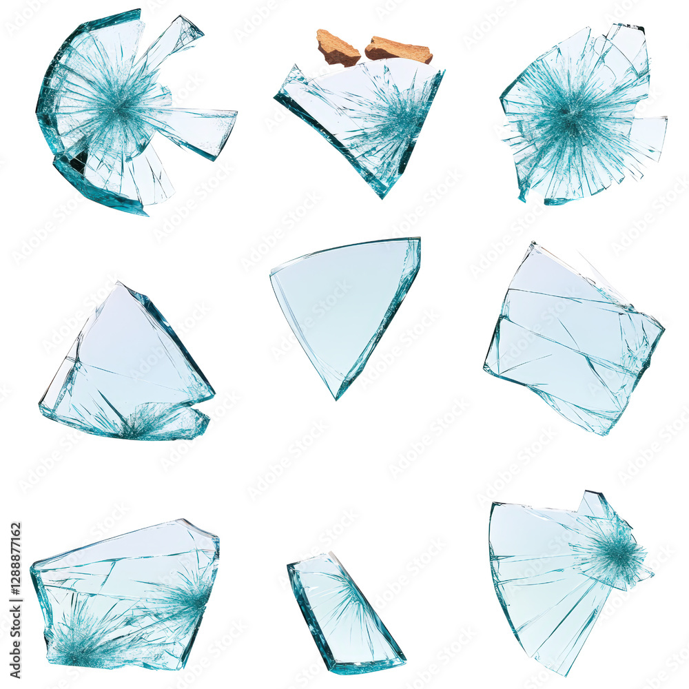 Poster broken glass pieces scattered on a black background creating an abstract texture pattern isolated on