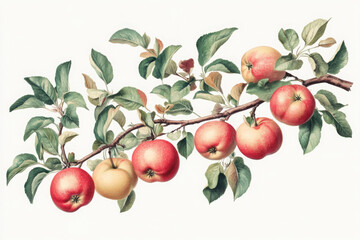 Obraz premium A detailed botanical illustration of a branch laden with ripe red and yellow apples, surrounded by lush green leaves on a white background.