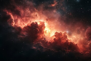 Fototapeta premium Stunning vibrant red nebula clouds and glowing stars in deep space scene