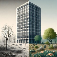 side view of a simple, tall office building