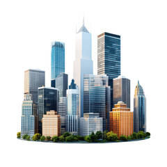 Fototapeta premium City skyline with modern skyscrapers and greenery in the foreground during a clear blue sky isolated on transparent background..