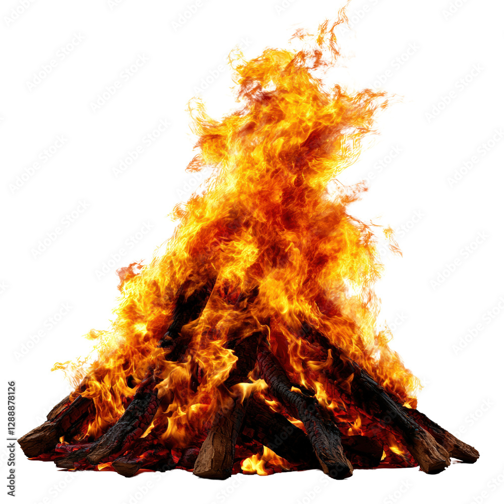 Poster fire with flames burning in a dark environment captured in a close-up shot isolated on transparent b