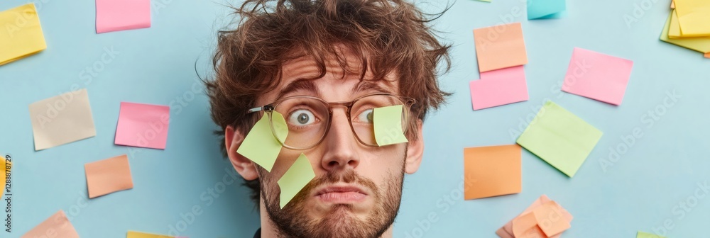 Poster Stressed professional with sticky notes covering his face, symbolizing the chaos and pressure of multitasking and managing deadlines in a fast paced work environment