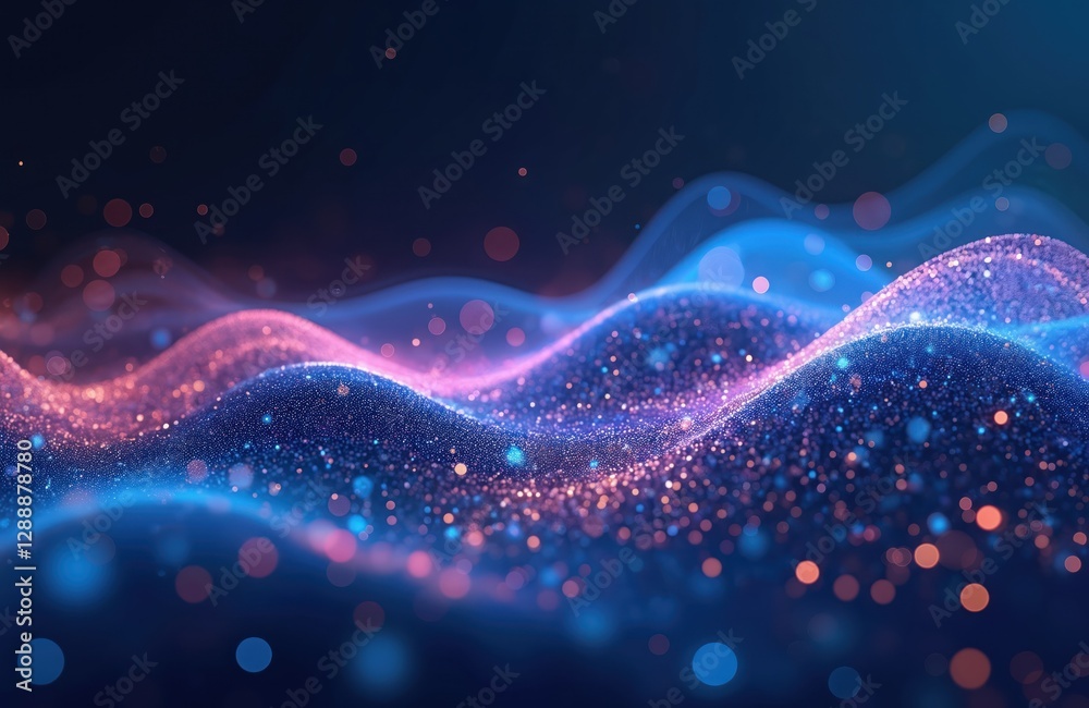 Aufkleber Glowing particles create abstract futuristic tech data background. Digital wave, particle flow in pink, blue colors. Three-dimensional rendering of dynamic glowing network, electronic waveform. Great