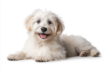 Bergamasco dog with long, wavy fur sitting on white background
