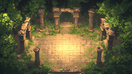 Jungle Temple Ruins Battle Map Top Down Pixel Art Game Design For Video Game Development.  Example Map Design.  Example Illustration. Example