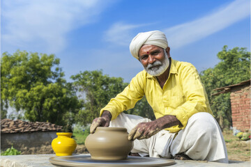 elder indian potter making pot