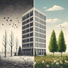 side view of a simple, tall office building