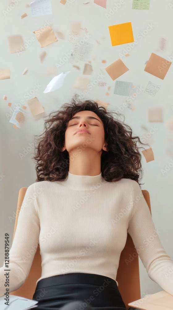 Poster young professional experiencing stress as sticky notes and papers symbolize chaos and multitasking i