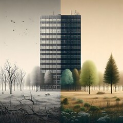side view of a simple, tall office building