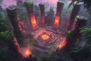 Mystic Jungle Temple Ruins Battle Map Nighttime Pixel Art Fantasy Scene Design for a Game Environment Overhead View and Top Down Perspective for