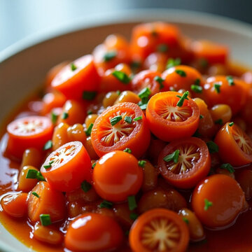 Primer plano tomatitos y salsa en un plato