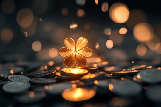 Illuminated four-leaf clover on coins with glowing bokeh