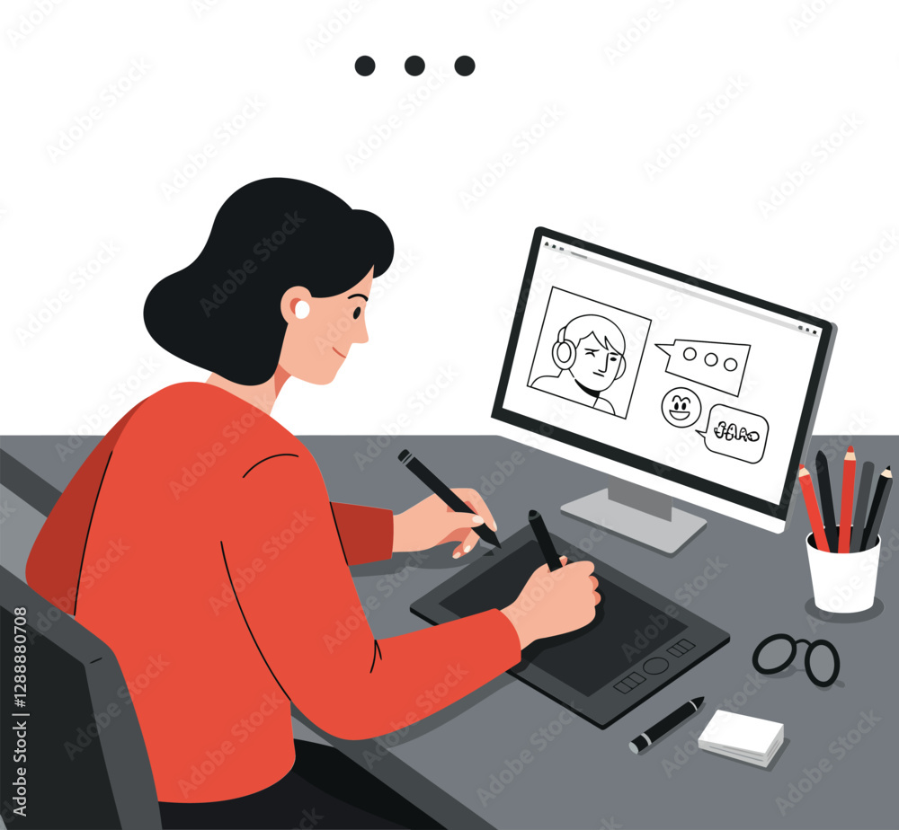 Poster designer creating digital illustration on tablet while analyzing sketches on computer screen